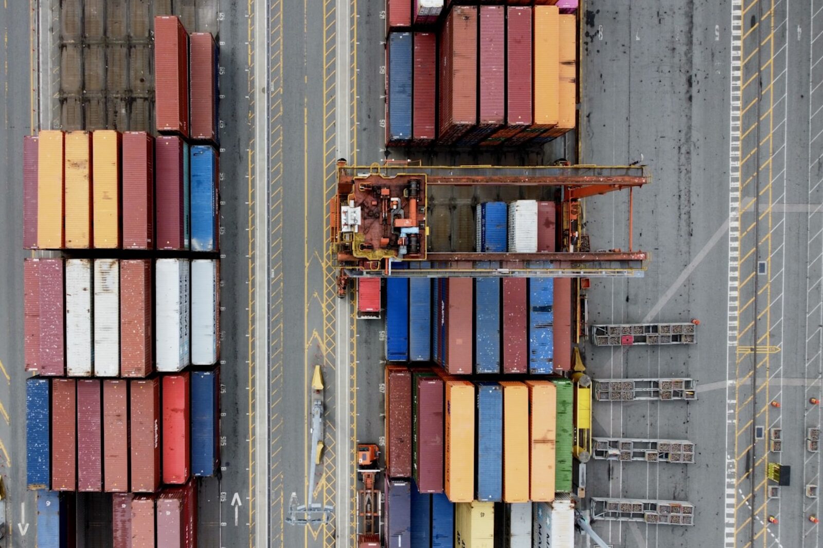 Aerial view of a busy container port terminal